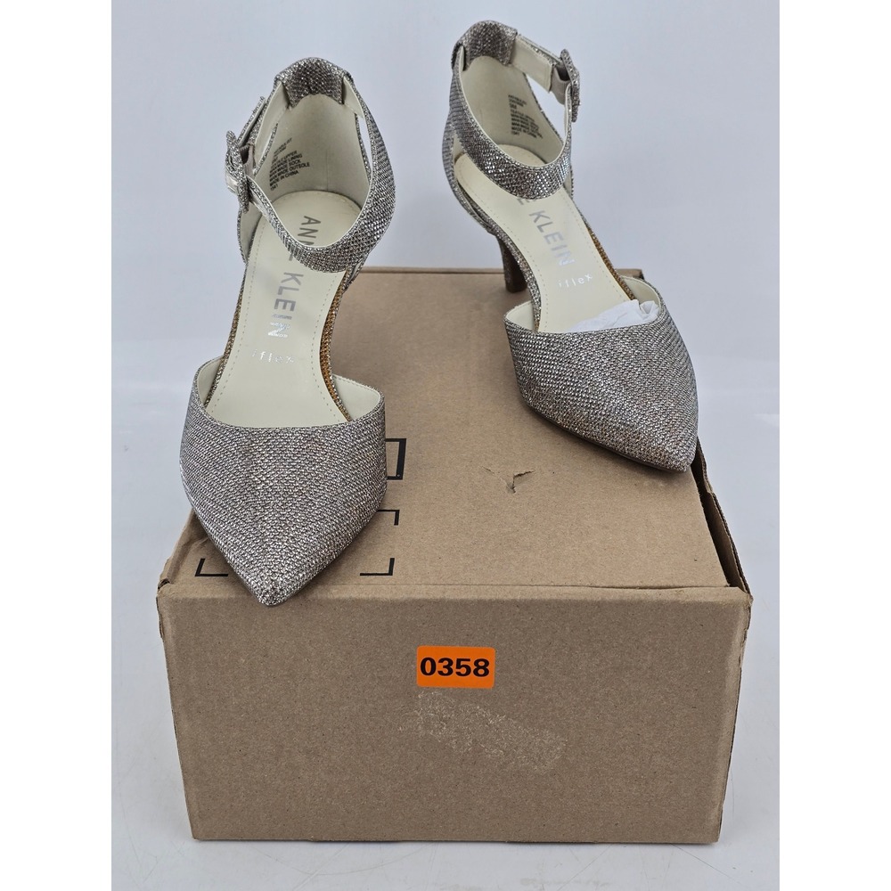 Anne Klein Fabulist Pumps Womens 9M Silver Metallic Glitter Ankle Strap -VG
